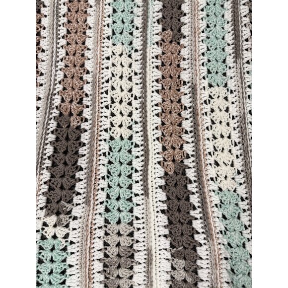 Handmade Crochet Striped Baby Blanket With Pastel Green/Mint/White/Brown/Pink - Picture 2 of 4